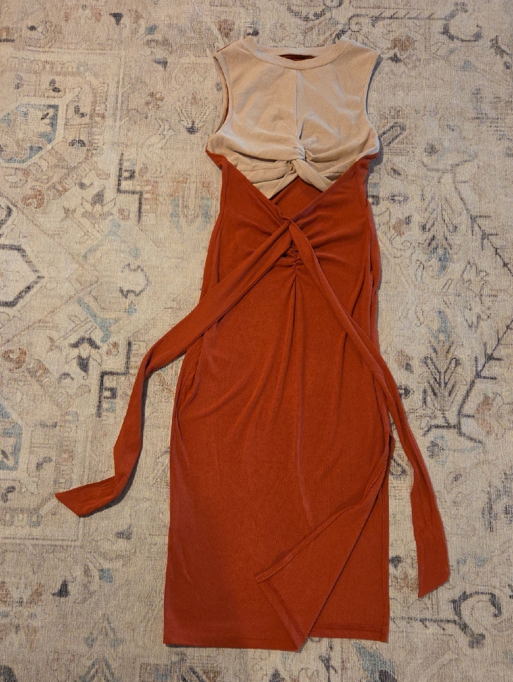 Sleeveless Twist-Front Midi Dress in Rust and Beige